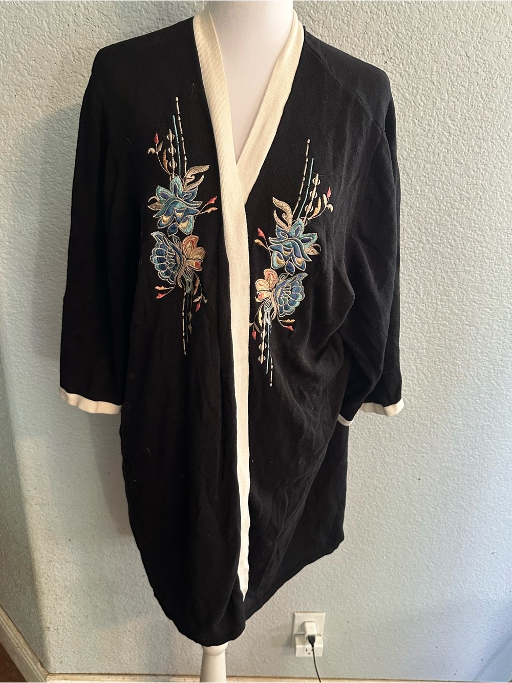 Black Embroidered Fine Knit Cardigan with Cream Trim